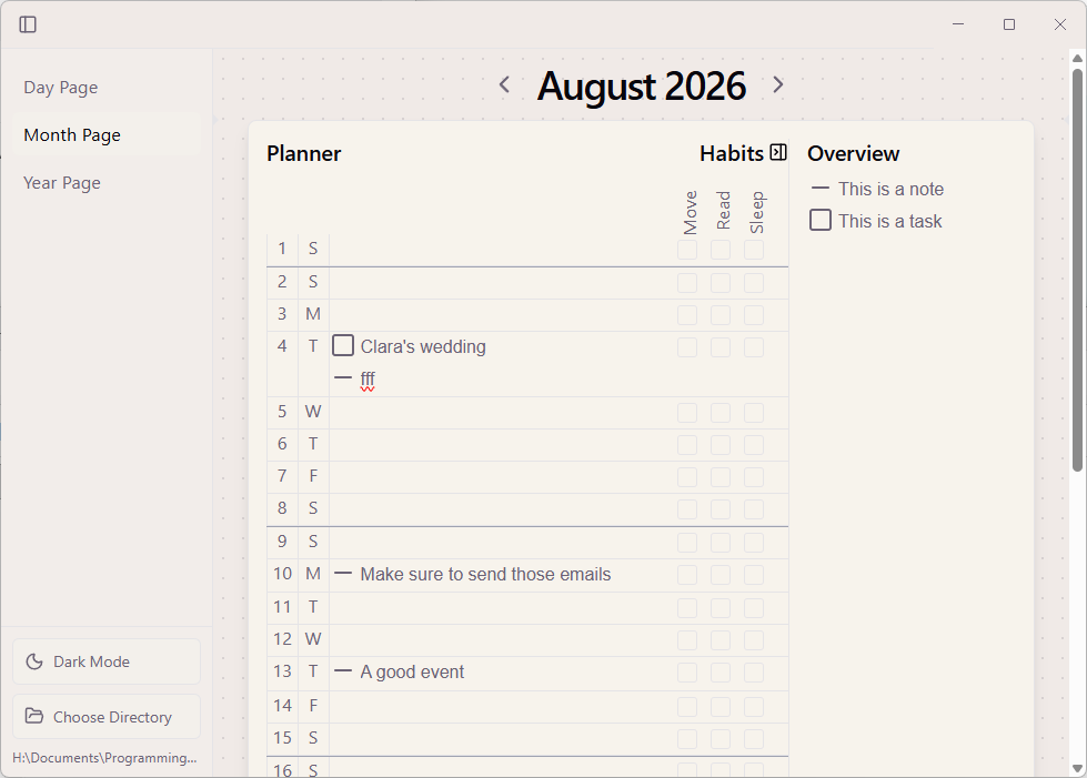 Jott.it private bullet journal app running on a Mac desktop